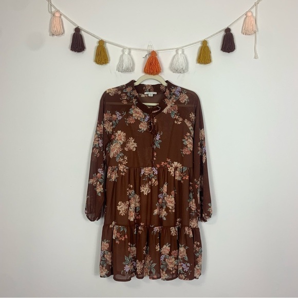 American Eagle Drop Waist Mini Dress Brown Floral Print Size Small - Picture 1 of 10